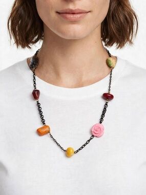 Boho Beaded Link Necklace | Multi-Color Fruit Salad | Pink Rose Bead |